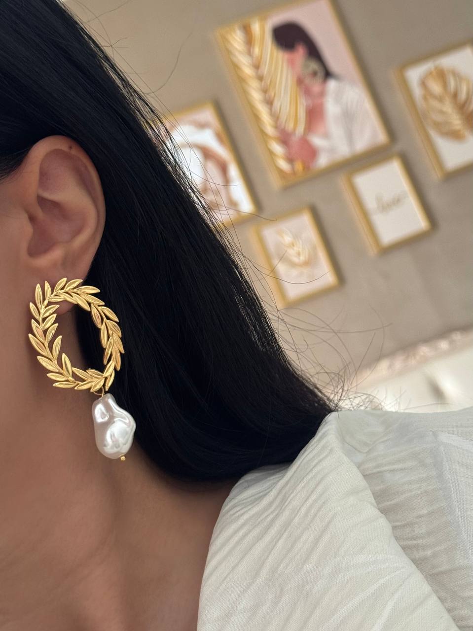 گوشواره گندمی با آویز مروارید